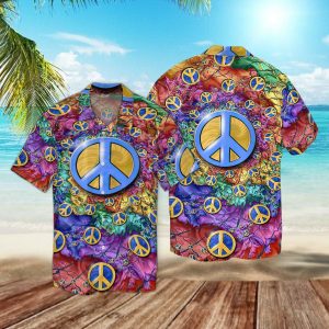 Peace Love Hippie Hawaiian Graphic Print Short Sleeve Hawaiian Shirt- For men and women - Fanshubus