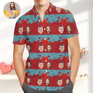 Personalised Couple Photo Hawaiian Shirt -  Red Heart Shirts -  Great Valentines Gift for Friends - For men and women - Fanshubus