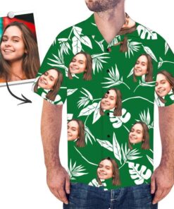 Personalised Face Hawaiian Shirt with Green Leaves - For men and women - Fanshubus