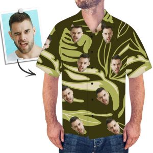 Personalised Hawaiian Shirt with Face Dark Green Leaves - For men and women - Fanshubus