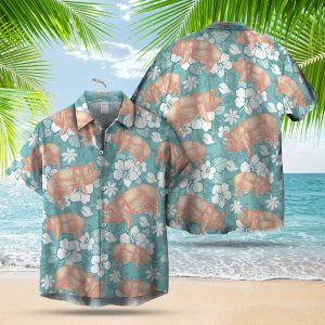 PIG HIBISCUS HAWAIIAN SHIRT  -  Unique Beach Shirt - For Men and Women Fanshubus