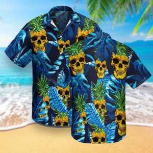 Pineapple Skull Tropical Blue Hawaiian Shirt | Crazy Funny Hawaiian Shirt- For men and women - Fanshubus