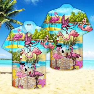 Pink Flamingo Drink Wine Party Hawaiian Shirt | For Men &amp; Women | Adult |- For men and women - Fanshubus