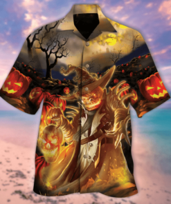 Pumpkin Man Under Moon Halloween Hawaiian Shirt- For men and women - Fanshubus