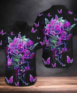 Purple Skull And Butterflies Hawaiian Shirt  -  Crazy Funny Hawaiian Shirt  -  Vintage Hawaiian Shirt - For Men and Women Fanshubus