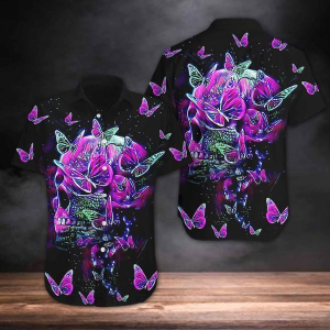 Purple Skull And Butterflies Hawaiian Shirt  -  Crazy Funny Hawaiian Shirt  -  Vintage Hawaiian Shirt - For Men and Women Fanshubus