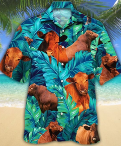 Red Angus Cattle Lovers Tropical Green Hawaiian Shirt - For Men and Women Fanshubus