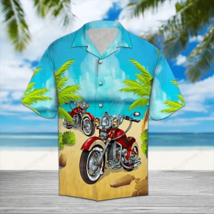 Red Motorcycle On The Beach Blue Hawaiian Shirt For Men Women- For men and women - Fanshubus