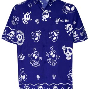 Regular Size Beach hawaiian Shirt for Aloha Tropical Beach front Short Sleeve for Men Skull Printed Blue - Fanshubus