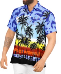 Regular Size Beach hawaiian Shirt for Aloha Tropical Beach front Short Sleeve for Mens Blue - Fanshubus