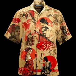 Samurai Girl Red Tan Nice Design Hawaiian Shirt For Men Women- For men and women - Fanshubus