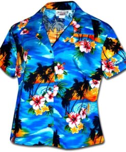 Searing Sunset Blue Fitted WomenS Hawaiian Shirt- For men and women - Fanshubus