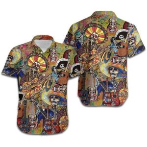 Skeleton Playing Guitar Retro Halloween Hawaiian Shirt | For Men &amp; Women | Adult |- For men and women - Fanshubus