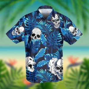 Skull Blue Tropical Hawaiian Shirt  -  Crazy Funny Hawaiian Shirt .
