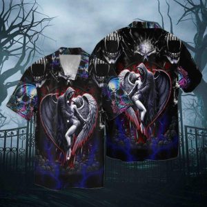 Skull Love Death And Angel 3D Full Print Hawaiian Shirt Shirt - For Men and Women - Fanshubus