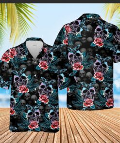 Skull Rose And Butterfly Black Aloha Hawaiian Shirt- For men and women - Fanshubus