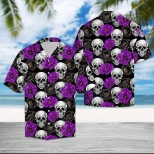Skull With Purple Flower Hawaiian Shirt | For Men &amp; Women | Adult | Hw8111- For men and women