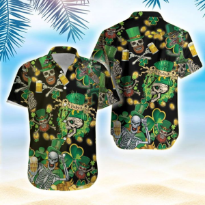 St. Patrick'S Day Skull Hawaiian Shirt | Crazy Funny Hawaiian Shirt | Clover Vintage Hawaiian Shirt