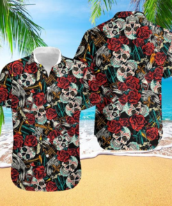 Sugar Skull Red Flower Hawaiian Shirt  -  Crazy Funny Hawaiian Shirt .