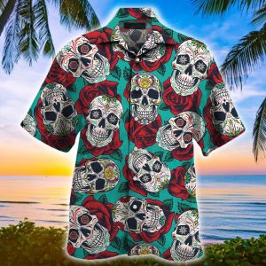 Sugar Skull With Rose Pattern Hawaiian Shirt- For men and women - Fanshubus