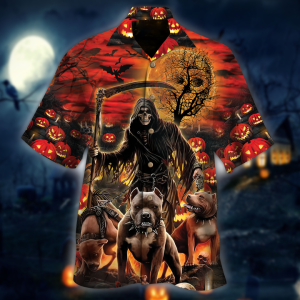 The Grim Reaper And Hound Halloween Hawaiian Shirt- For men and women - Fanshubus
