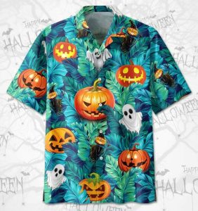 Tropical Halloween Pumpkin Ghost Devil Hawaiian Shirt- For men and women - Fanshubus