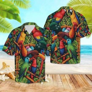 Tropical Parrot With Rooster Hawaiian Shirt | For Men &amp; Women | Adult | Hw8092- For men and women