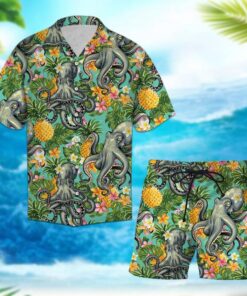 Tropical Pineapple Octopus Hawaiian Shirt Set- For men and women - Fanshubus