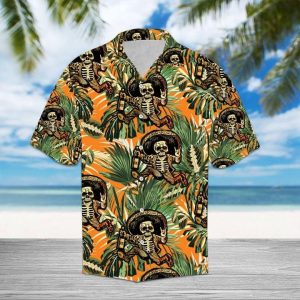 Tropical Skull Orange Hawaiian Button Shirt- For men and women - Fanshubus