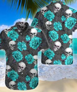 Turquoise Rose Skull Green Unique Design Hawaiian Shirt - For men and women - Fanshubus