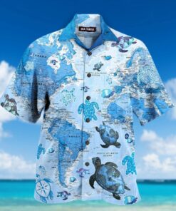 Turtle Blue Map Hawaiian Shirt .