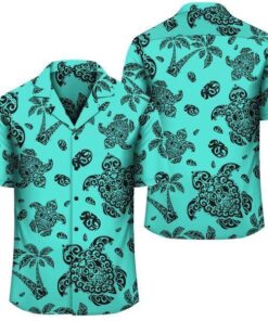 Turtle Palm And Sea Pebbles Turquoise Hawaiian Shirt- For men and women - Fanshubus