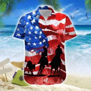 Us Team Roping Water Color Flag Unisex Hawaiian Shirts- For men and women - Fanshubus