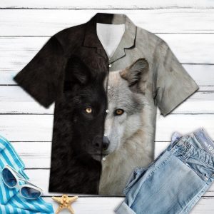 Wolf Black White Awesome Design Hawaiian Shirt- For men and women - Fanshubus