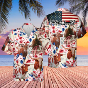 Longhorn Cattle American Flag Hawaiian Flowers All Over Printed 3D Hawaiian Shirt