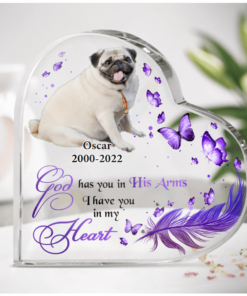 Personalized Memorial Heart-Shaped Acrylic Plaque, Memorial Gift For Pet Lover/People, God Has You In His Arms I have You In My Heart