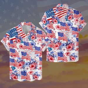Flower American Flag Hawaiian Shirts, Patriotic 4th Of July 1776 Button Up Short Sleeve Men's Hawaiian, Independence Day Shirt