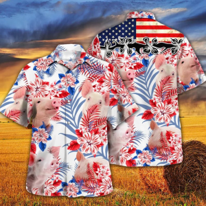 American Flag Hawaiian Shirt, Pig Vintage American Hawaii Shirt, Independence Day Shirt, Patriotic Hawaii