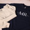 Custom Mr Mrs Embroidered Sweatshirt With Date On Sleeve, Personalized Wifey & Hubby Hoodie, Matching Couples Outfit, Bridal Shower Clothing