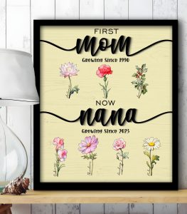 Personalized First Mom Now Grandma Sign, Custom Mother's Day Gift, Birth Flower Sign, Mom Wood Sign, Grandma's Garden Sign