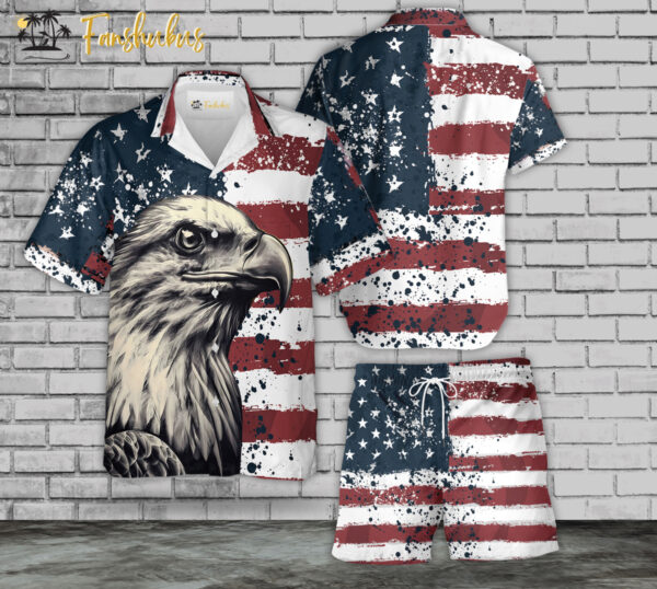Eagle USA Flag Hawaiian Shirt Set | USA Flag Hawaiian Style | Unisex Hawaiian Set | Independence Day Hawaiian Style