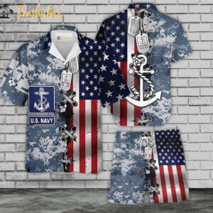 US Navy Hawaiian Shirt Set | Blue Camo Pattern Hawaiian Style | Unisex Hawaiian Set | Navy Hawaiian Style