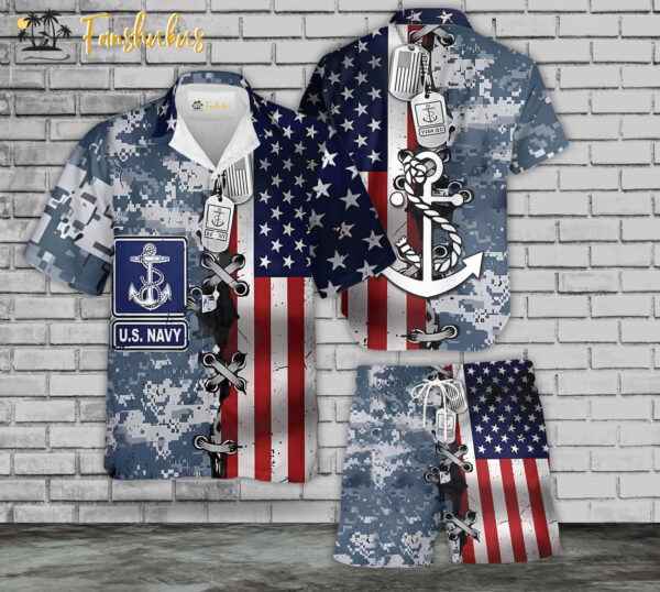 US Navy Hawaiian Shirt Set | Blue Camo Pattern Hawaiian Style | Unisex Hawaiian Set | Navy Hawaiian Style