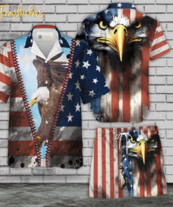 Eagle USA Flag Hawaiian Shirt Set | USA Flag Hawaiian Style | Unisex Hawaiian Set | Independence Day Hawaiian Style