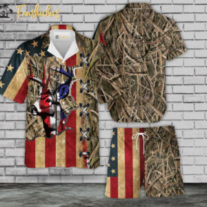 Deer Hawaiian Shirt Set | US Flag Hawaiian Style | Unisex Hawaiian Set | Hunting Hawaiian Style
