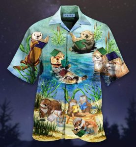 Gifury Book Hawaiian Shirt Cute Otter Reading Book Blue Hawaii Shirt Book Aloha Shirt