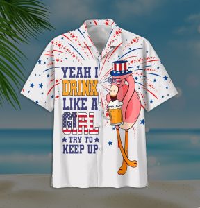 Gifury Beer Hawaiian Shirt Flamingo Beer Yeah I Drink Like A Girl Try To Keep Up White Hawaii Shirt Beer Aloha Shirt