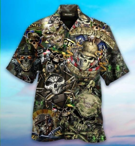 Military Aloha Shirt Skull Soldier Land Of The Free Because Of The Brave Hawaiian Shirt