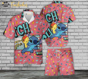 Stitch Hawaiian Shirt Set | Tropical Stitch Hawaiian Style | Unisex Hawaiian Set | Floral Hawaiian Style