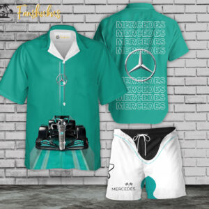 Mercedes Hawaiian Shirt Set | Formula 1 Hawaiian Style | Unisex Hawaiian Set | Racing Hawaiian Style